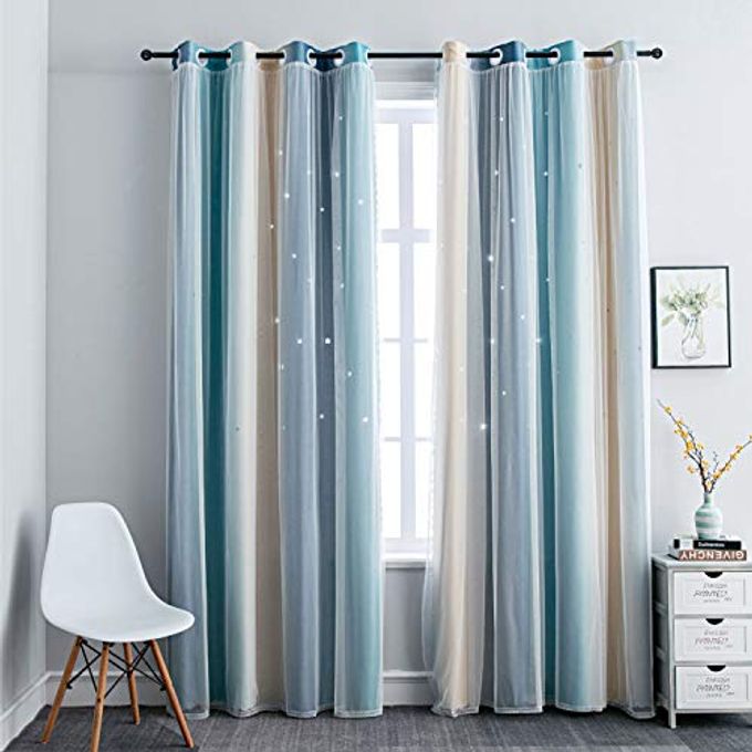 FANLI Ombre Rainbow Blackout Curtains for Kid Girls Bedroom Living Room Darking Stripe Double Layer Star Cut Out Wall Home Decor Gradient Grommet Window Curtains (Blue/Yellow, 52W x 63L) - Image 1