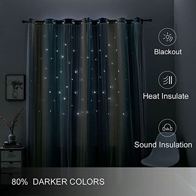 FANLI Ombre Rainbow Blackout Curtains for Kid Girls Bedroom Living Room Darking Stripe Double Layer Star Cut Out Wall Home Decor Gradient Grommet Window Curtains (Blue/Yellow, 52W x 63L) - Image 3