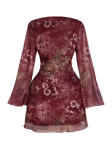 BEAUDRM Women's Plus Size Sheer Mesh Mini Dresses Long Bell Sleeve Wedding Guest Dresses Lettuce Trim Going Out Dresses Multicolor 3X-Large Plus - Image 1