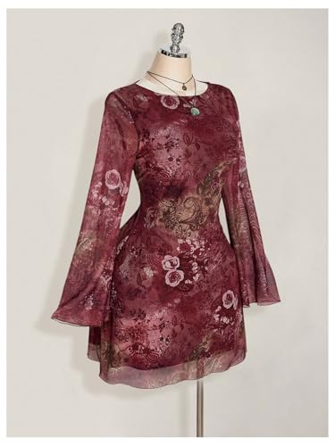 BEAUDRM Women's Plus Size Sheer Mesh Mini Dresses Long Bell Sleeve Wedding Guest Dresses Lettuce Trim Going Out Dresses Multicolor 3X-Large Plus - Image 2
