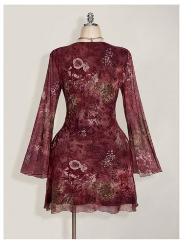 BEAUDRM Women's Plus Size Sheer Mesh Mini Dresses Long Bell Sleeve Wedding Guest Dresses Lettuce Trim Going Out Dresses Multicolor 3X-Large Plus - Image 3