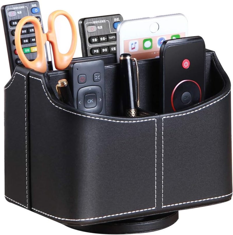 PUSU Remote Control Holder 360 Degrees Rotatable Desk Stationery Supply Organizer PU Leather Desktop Storage Box for Controllers Media Bedside Spinning TV Caddy iPad Mobile Pencil Cosmetic - Image 1