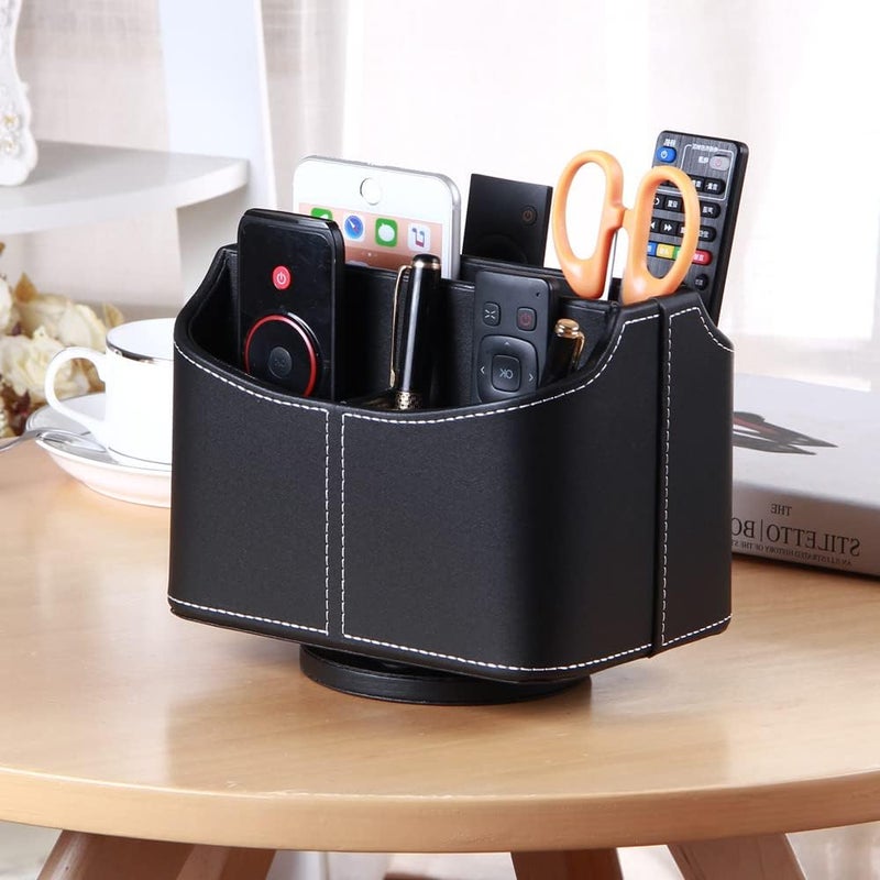 PUSU Remote Control Holder 360 Degrees Rotatable Desk Stationery Supply Organizer PU Leather Desktop Storage Box for Controllers Media Bedside Spinning TV Caddy iPad Mobile Pencil Cosmetic - Image 5