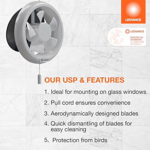 LEDVANCE Round Exhaust Fan 6 inch (150 mm) | Suitable for Kitchen, Bathroom & Washroom | Protection from Birds | Pull Cord Ensures Convenience | 100% Copper Motor | Round Shape | 2 Year Warranty - Image 5