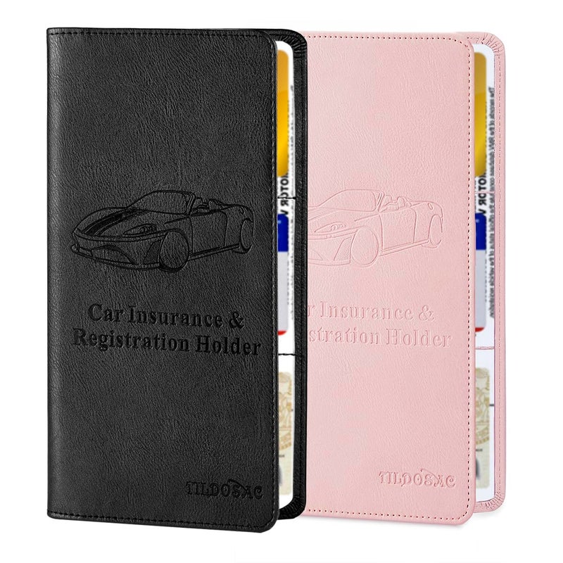 TILDOSAC 2Pack Leather Car Registration and Insurance Card Holder, Car Document Holder for Cards License with Magnetic Shut (Pink+Black) - Image 1