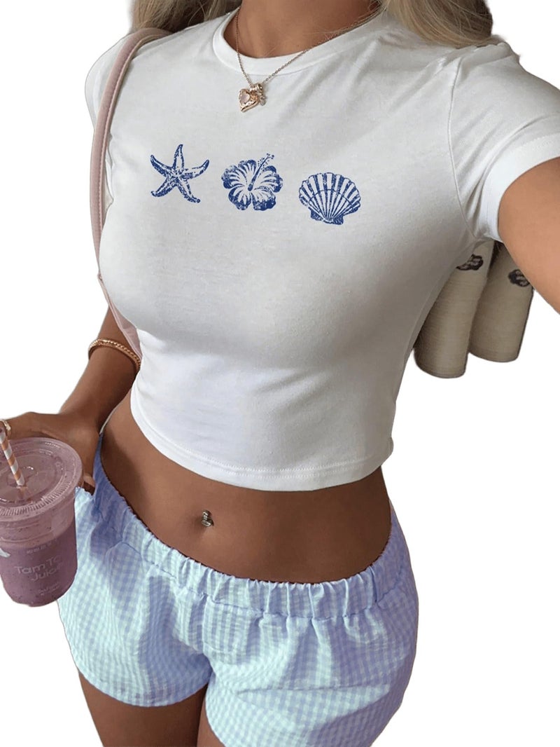 SXV STYLE Casual Minimalist Starfish & Shell Pattern Crew Neck Short Sleeve Crop Top for Women (in, Alpha, XS, White) - Image 1