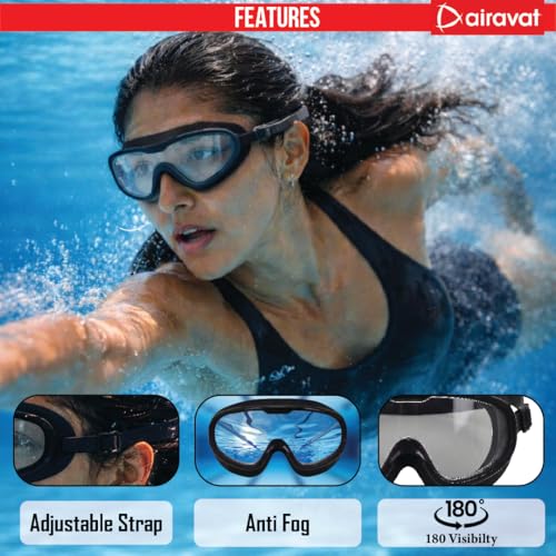 AIRAVAT Shore swimming goggles, polycarbonate goggles, No Leaking Anti-Fog Pool Goggles for Adult Men Women Youth, UV Protection, 180° Clear Vision, Free size (Black) - Image 4