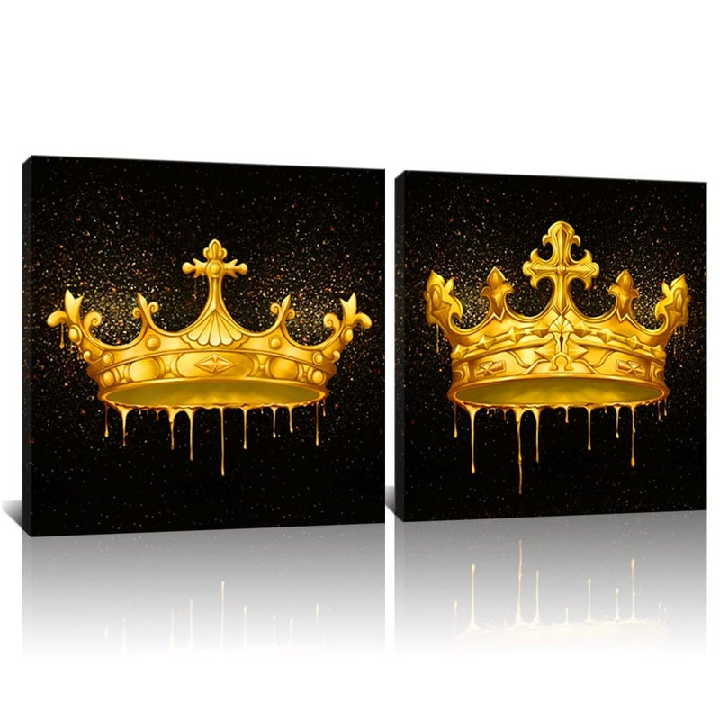 Derkymo 2 Pieces King and Queen Crown Pictures for Wall Black and Gold Canvas Art Fashion Artwork for Couple Anniversary Wedding Gift Stretched and Framed Easy to Hang 16x16x2pcs