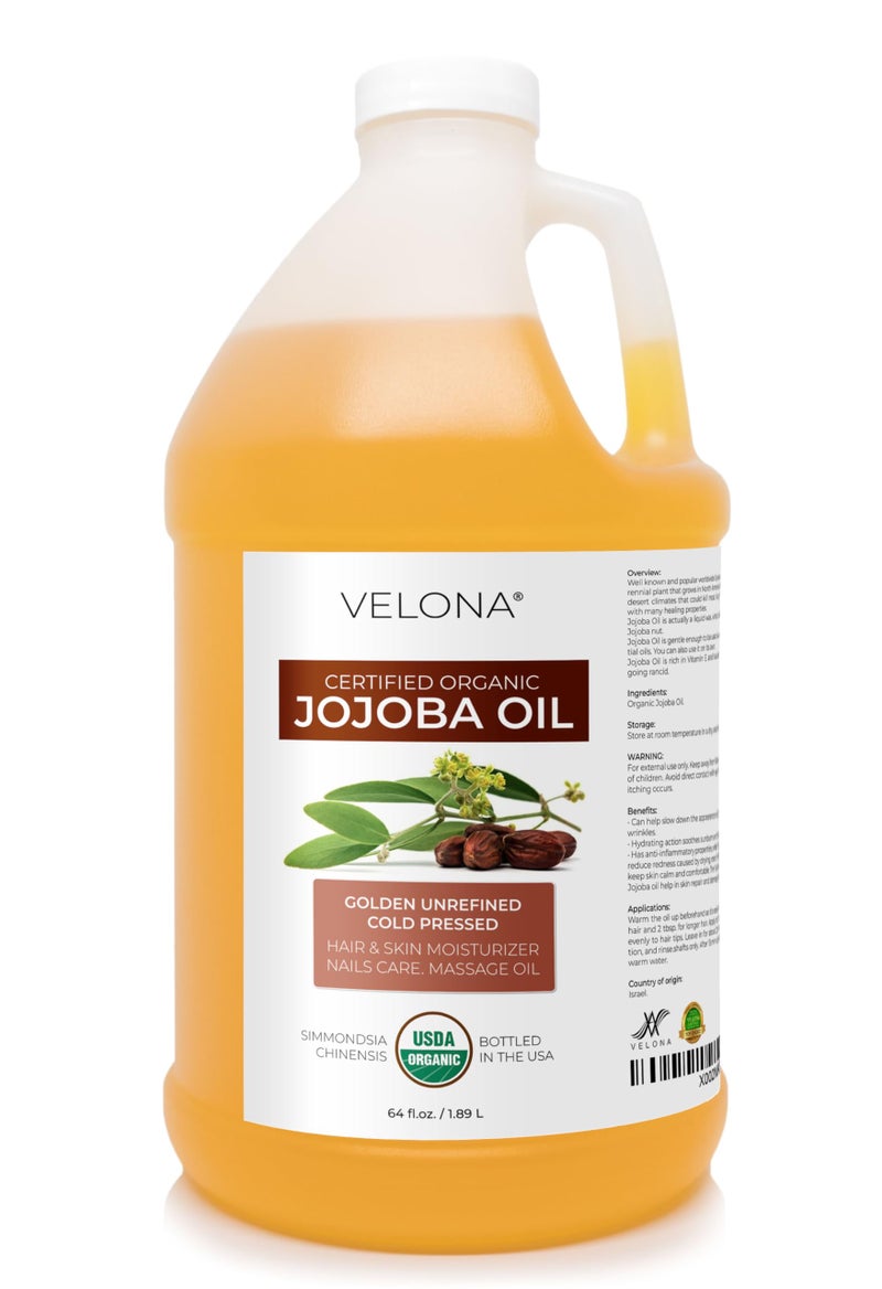 velona Jojoba Oil USDA Certified Organic - 64 Fl Oz | 100% Pure and Natural Carrier Oil| Golden, Unrefined, Cold Pressed, Hexane Free - Image 1
