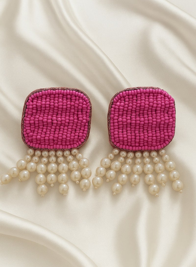 Ready For Chai Handmade Beaded Statement Earrings with Pearls | Pink Boho Dangle Earrings for Women