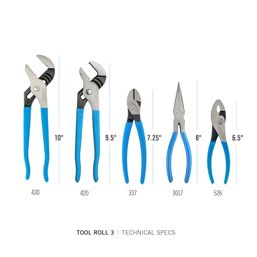CHANNELLOCK TOOL ROLL-3 5pc Professional Pliers Set with Tool Roll, Made in USA, Includes Straight Jaw Tongue & Groove, Cutting, Long Nose, and Slip Joint Pliers, Forged High Carbon Steel - Image 2