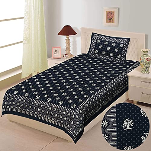 Braise Premium Dabu Print | 100% Pure Cotton | Single Bedsheet with 1 Pillow Cover (Dark Blue) - Image 1