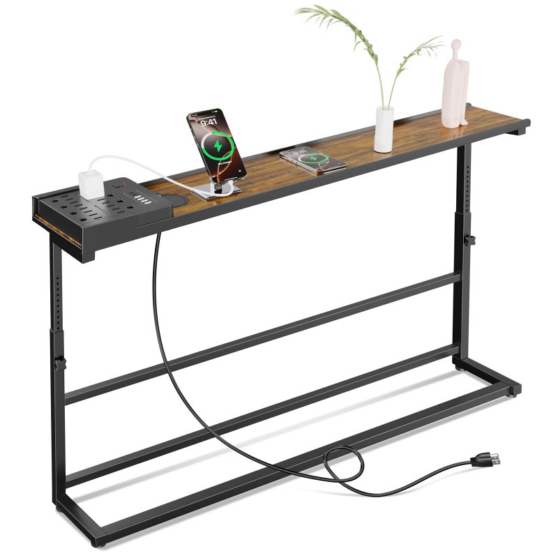 SENBOWE 5.9" Narrow Console Table with Outlet, 23.6-33.9in Height Adjustable Behind Couch Table Skinny, 39.4" Sofa Table Narrow Long for Living Room - Image 1