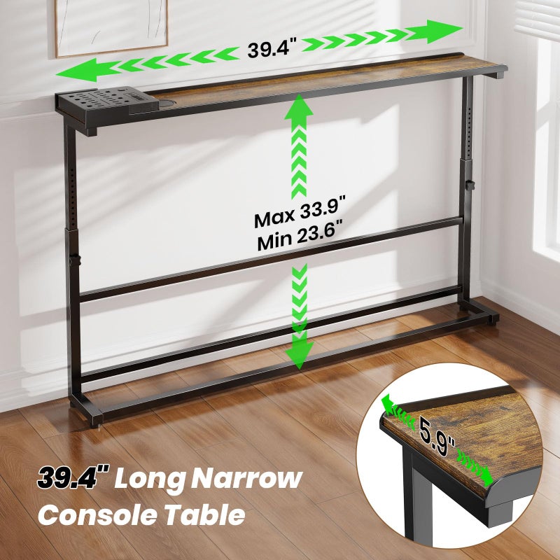 SENBOWE 5.9" Narrow Console Table with Outlet, 23.6-33.9in Height Adjustable Behind Couch Table Skinny, 39.4" Sofa Table Narrow Long for Living Room - Image 5