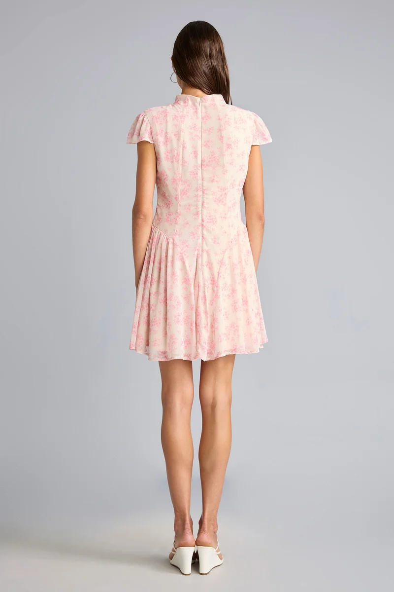 Defacto  Mock Neck Floral Chiffon Short Sleeve Mini Dress for Women | Best Price UAE