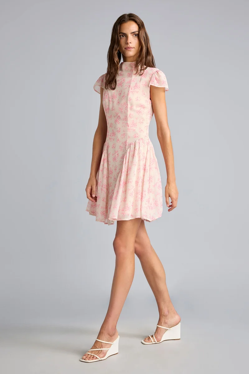 Mock Neck Floral Chiffon Short Sleeve Mini Dress