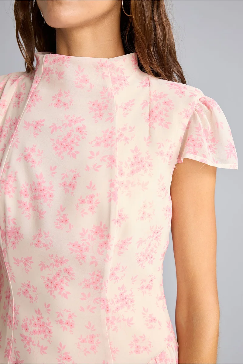 Defacto  Mock Neck Floral Chiffon Short Sleeve Mini Dress for Women | Best Price UAE