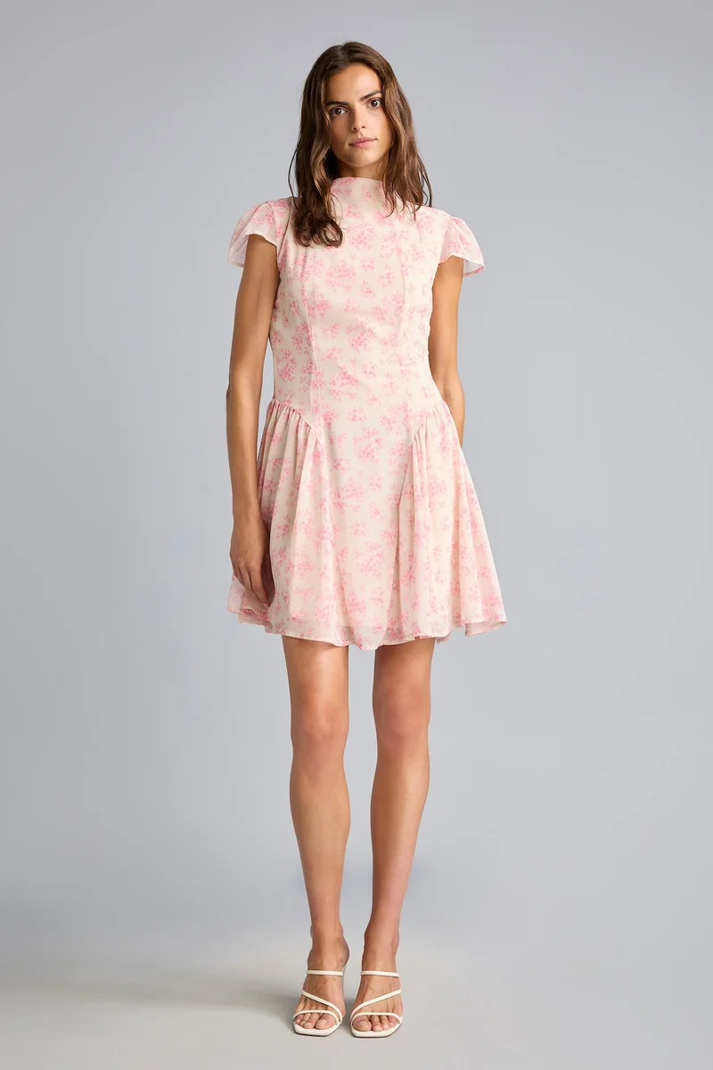 Defacto  Mock Neck Floral Chiffon Short Sleeve Mini Dress for Women | Best Price UAE