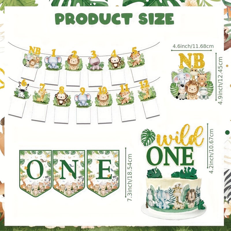 Jungle Theme Birthday Decorations 18pcs Party Banners Pull Up Flags Set Including Picture Frame Pull Up Flags Seat Pull Up Flags Party Hats Large Insert Sign For Animal First Birthday Party Event - Image 2