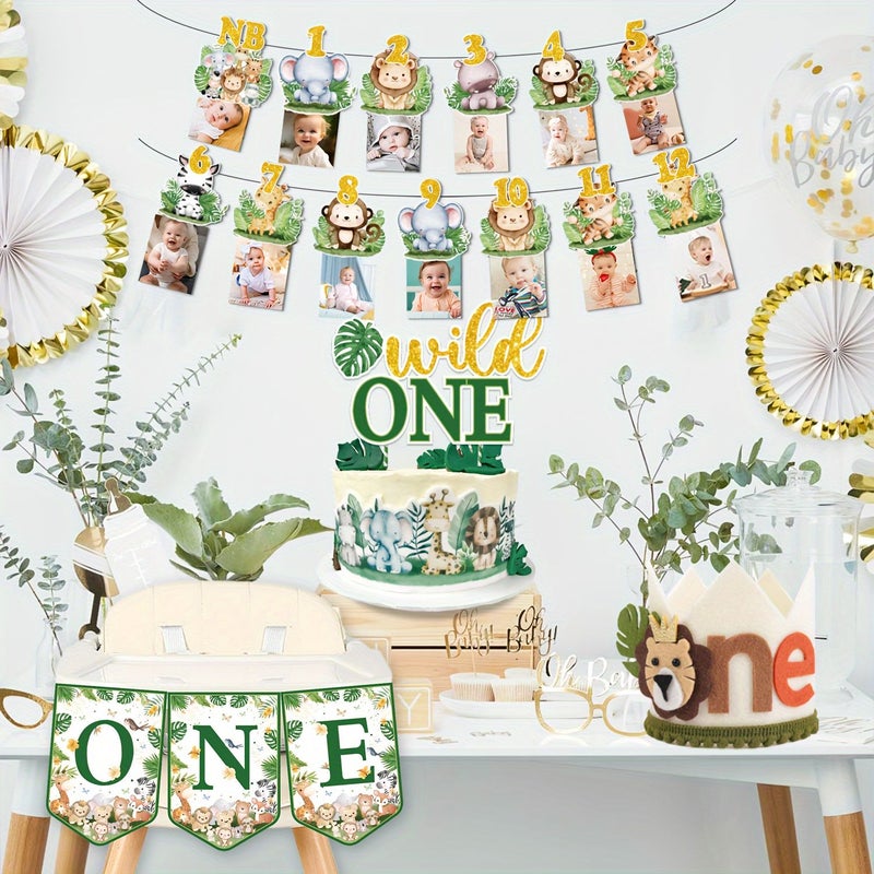 Jungle Theme Birthday Decorations 18pcs Party Banners Pull Up Flags Set Including Picture Frame Pull Up Flags Seat Pull Up Flags Party Hats Large Insert Sign For Animal First Birthday Party Event - Image 5