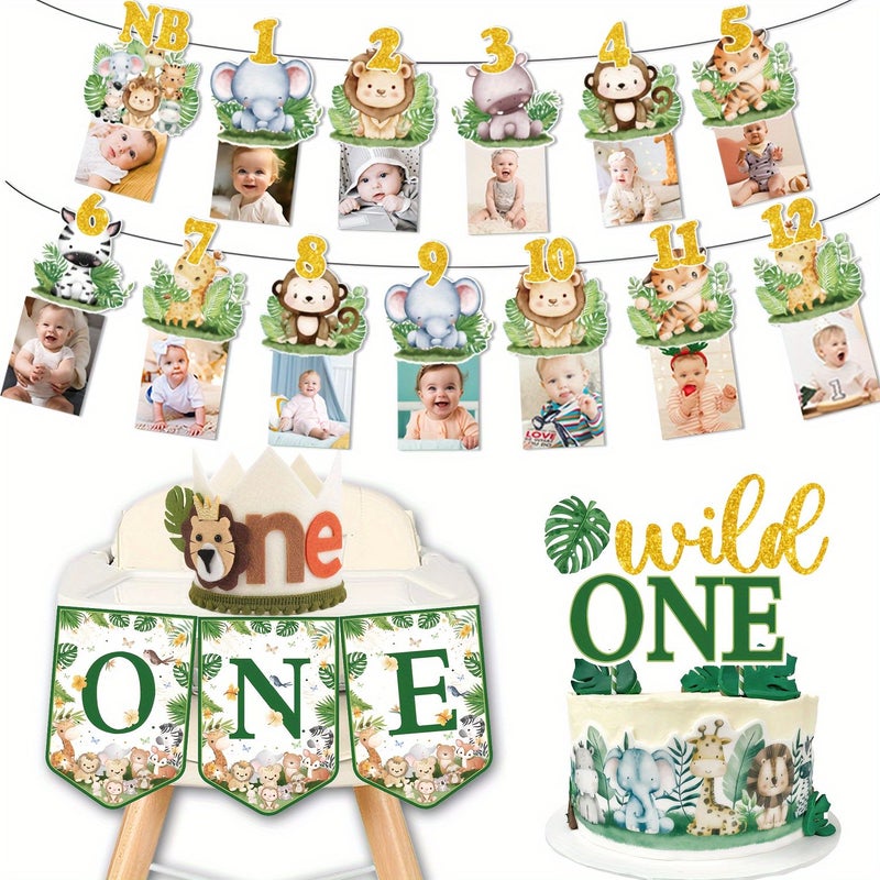 Jungle Theme Birthday Decorations 18pcs Party Banners Pull Up Flags Set Including Picture Frame Pull Up Flags Seat Pull Up Flags Party Hats Large Insert Sign For Animal First Birthday Party Event - Image 1