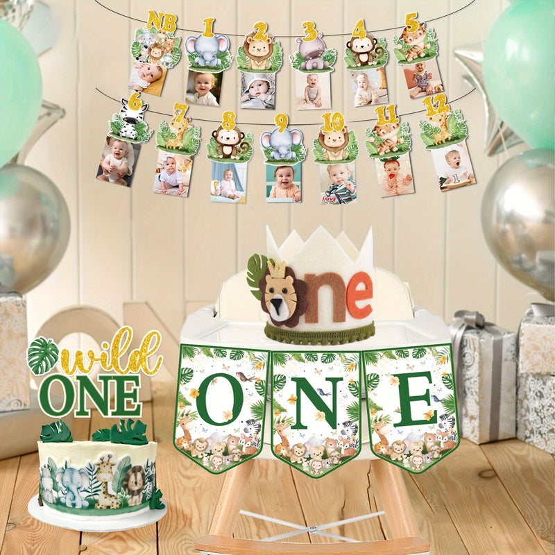 Jungle Theme Birthday Decorations 18pcs Party Banners Pull Up Flags Set Including Picture Frame Pull Up Flags Seat Pull Up Flags Party Hats Large Insert Sign For Animal First Birthday Party Event - Image 3