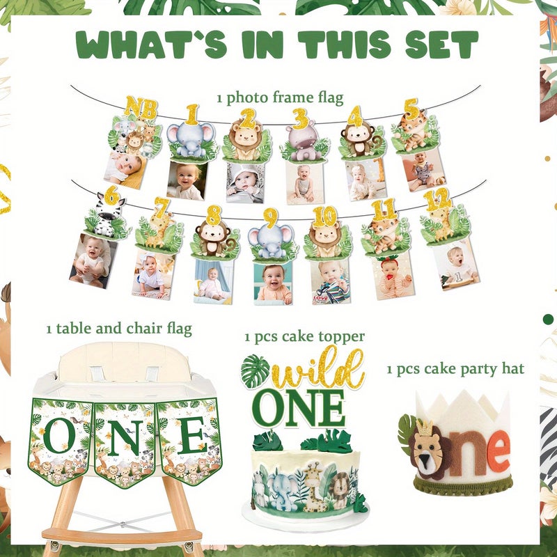 Jungle Theme Birthday Decorations 18pcs Party Banners Pull Up Flags Set Including Picture Frame Pull Up Flags Seat Pull Up Flags Party Hats Large Insert Sign For Animal First Birthday Party Event - Image 4