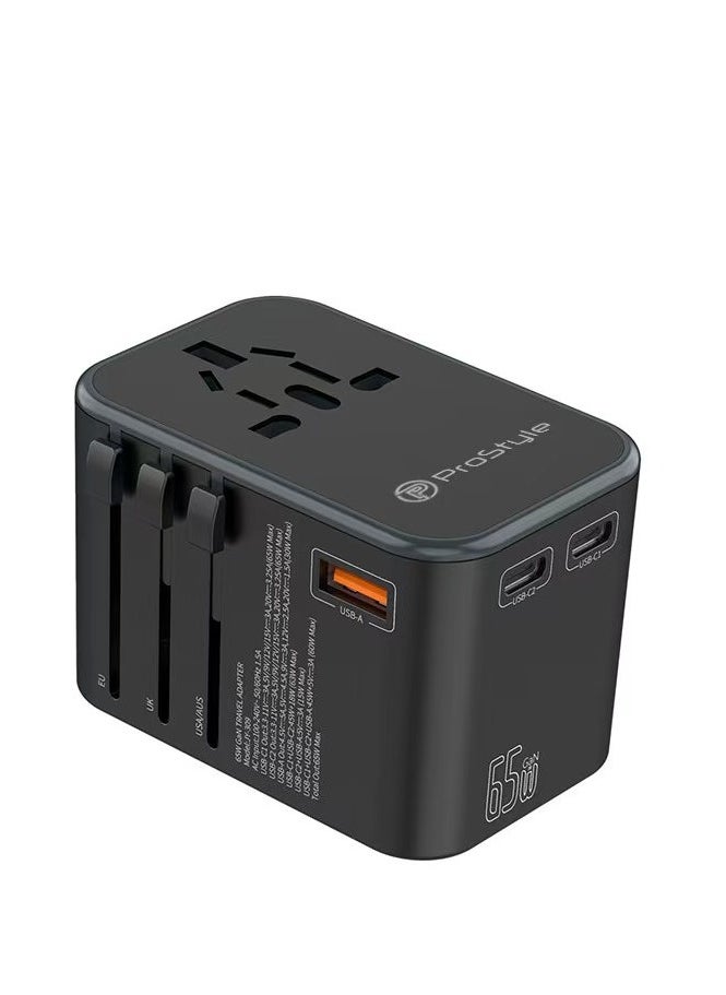 Prostyle 65W Universal Travel Adapter with Multi Sockets, 2 USB and 1 Type C Ports compatible for More than 150 countries - Black  - Image 1
