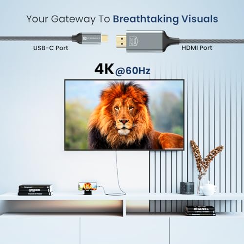 Portronics Konnect Vision C 4K 60Hz Type C to HDMI Cable with 1.8M Cord Length, Nylon Braided, Gold Plated Connectors for Laptop, Mobile, iPad Pro, MacBook, Chromebook, TV, Monitor(Grey) - Image 2