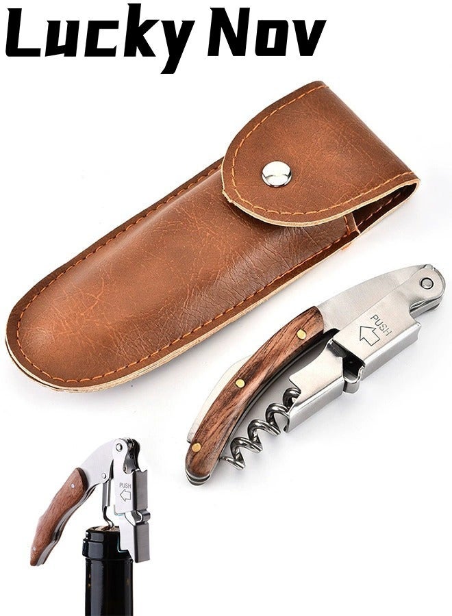 LuckyNov Wine Opener Double Hinged Stainless Steel Corkscrew with Wood Handle Leather Pouch for Home Bar Outdoor Use Everyday Wine and Beer Bottle Opening - Image 1