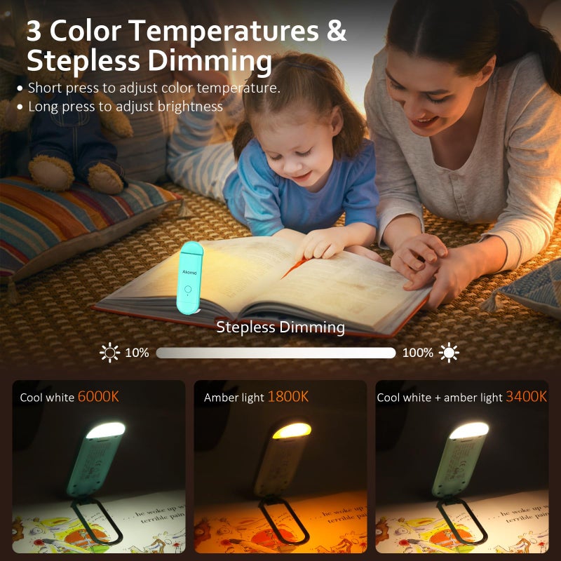 Akomid USB Rechargeable Book Light for Reading in Bed, 8 LEDs Bookmark Style Clip on, Eye-Cared Amber Light Mode for Kids, Blue Light Blocking, Stepless Dimming, Lake Blue - Image 5