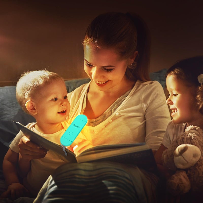 Akomid USB Rechargeable Book Light for Reading in Bed, 8 LEDs Bookmark Style Clip on, Eye-Cared Amber Light Mode for Kids, Blue Light Blocking, Stepless Dimming, Lake Blue - Image 4