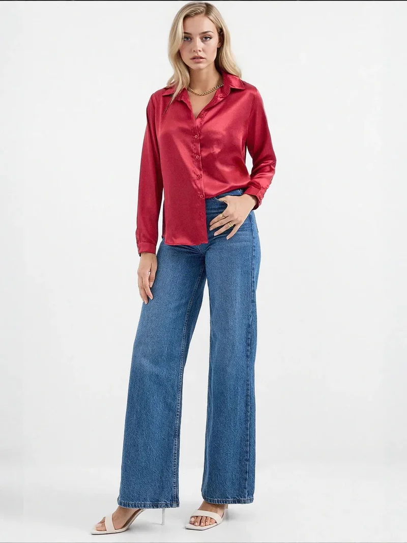 بيغ دارت قميص ساتان بأكمام طويلة وأزرار