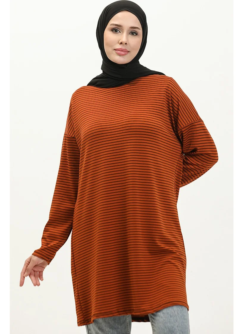 Sefa Merve Hooded Striped Tunic 8662-01 Tan Black