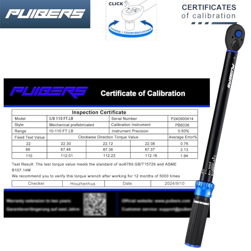 PUIBERS 3/8 inch Drive Click Torque Wrench, Click Torque Wrench 3/8 Torquimetro 10-110 FT.LB/13.6-149.2 Nm, Dual-Direction Adjustable 72 Tooth for Bike Moto and Car Repair - Image 3