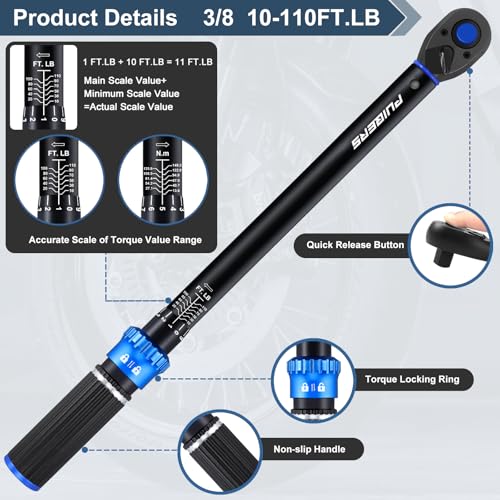 PUIBERS 3/8 inch Drive Click Torque Wrench, Click Torque Wrench 3/8 Torquimetro 10-110 FT.LB/13.6-149.2 Nm, Dual-Direction Adjustable 72 Tooth for Bike Moto and Car Repair - Image 4