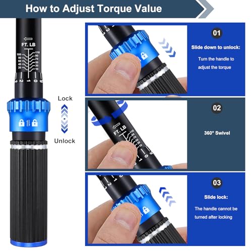 PUIBERS 3/8 inch Drive Click Torque Wrench, Click Torque Wrench 3/8 Torquimetro 10-110 FT.LB/13.6-149.2 Nm, Dual-Direction Adjustable 72 Tooth for Bike Moto and Car Repair - Image 5