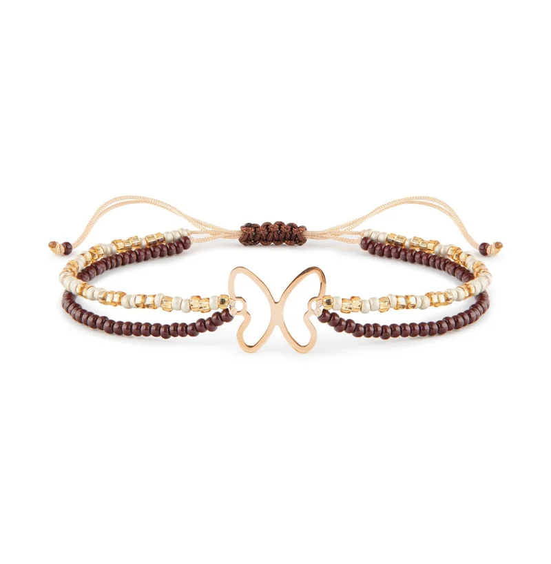 Minza Minza “Granola Butterfly” Women’s Gold Bracelet, Pure 18K Gold Butterfly Charm (0.200 g), Agate Stones & Czech Seed Beads, Handmade Adjustable Cord Bracelet, Jewelry for Casual & Special Occasion.