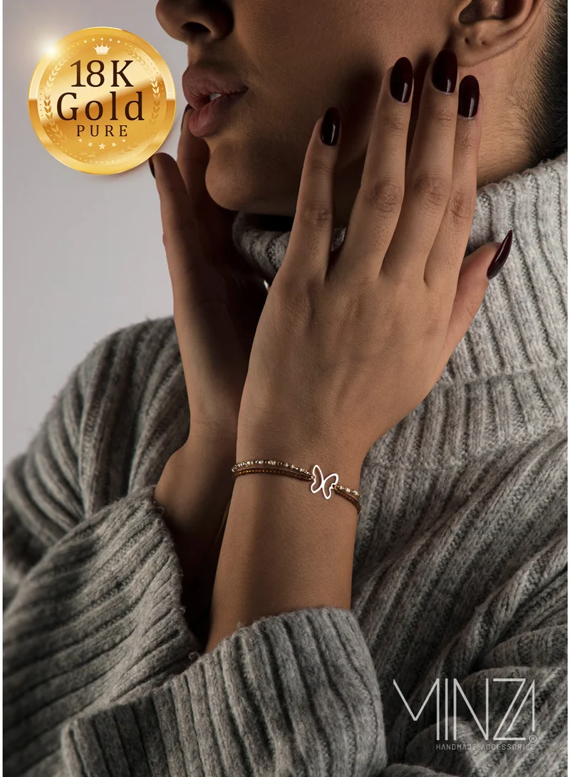 Minza “Granola Butterfly” Women’s Gold Bracelet, Pure 18K Gold Butterfly Charm (0.200 g), Agate Stones & Czech Seed Beads, Handmade Adjustable Cord Bracelet, Jewelry for Casual & Special Occasion.