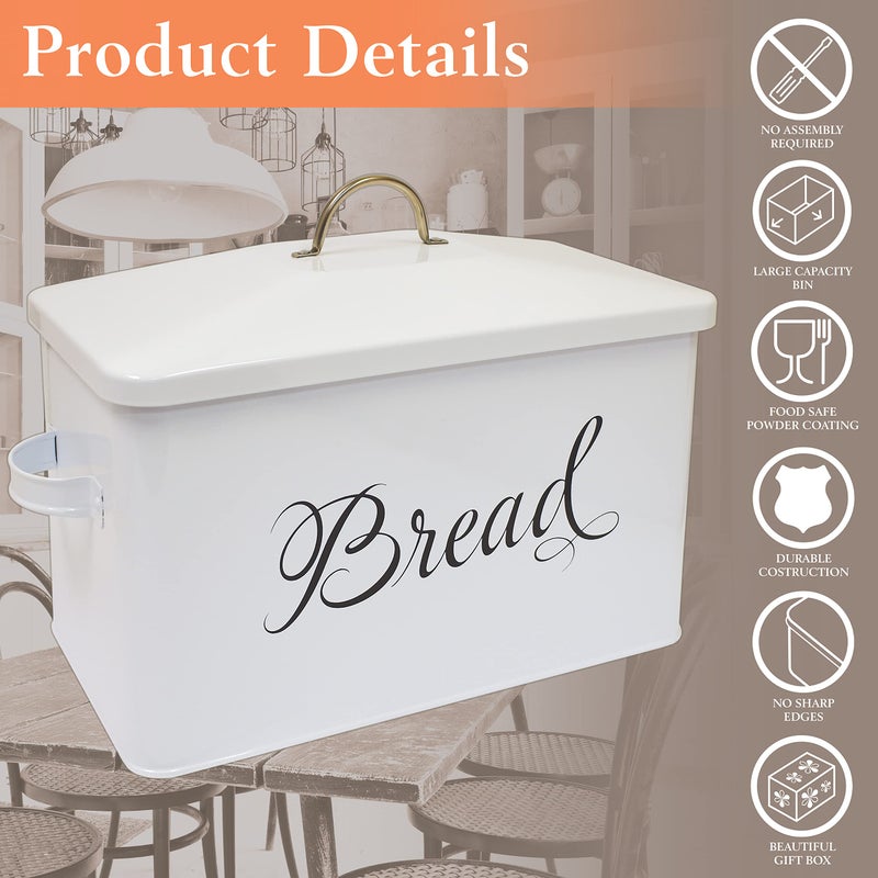 Better Kitchen Products Classic Metal Bread Box with Side Handles, Large Capacity (2 Bread Loaves), Farmhouse Bread Bin for Kitchen Countertop, Steel Bread Storage Container with Lid, White - Image 3