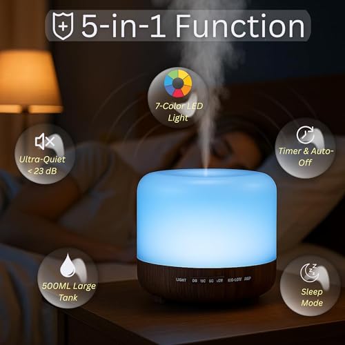 Ssanvi 500ml Premium, Essential Oil Diffuser, 5 in 1 Ultrasonic Aromatherapy Fragrant Oil Humidifier Vaporizer, Timer&Auto-Off Safety Switch-Black - Image 5