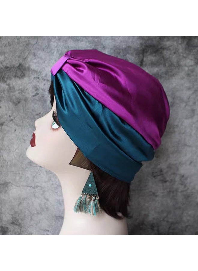 Shower Caps for Women, Satin Reusable Double Layer Protective Shower Hair Caps, Elastic Hem Turban Silk Nightcap Haircare Cap (Blue+Purple) - Image 4