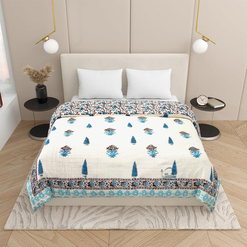 LOARSHY Hand Block Printed Pure Cotton Razai Single Bed Quilts/Rajai/Blankets - Brown (Size 60X90 INCHES) - Image 3
