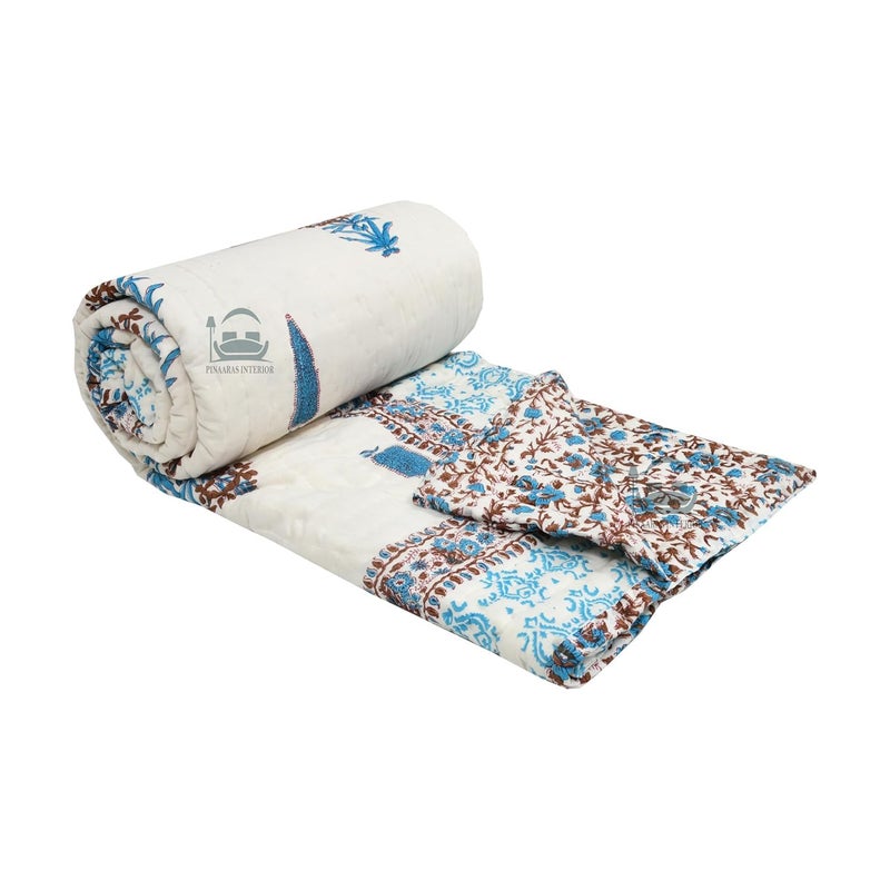 LOARSHY Hand Block Printed Pure Cotton Razai Single Bed Quilts/Rajai/Blankets - Brown (Size 60X90 INCHES) - Image 4