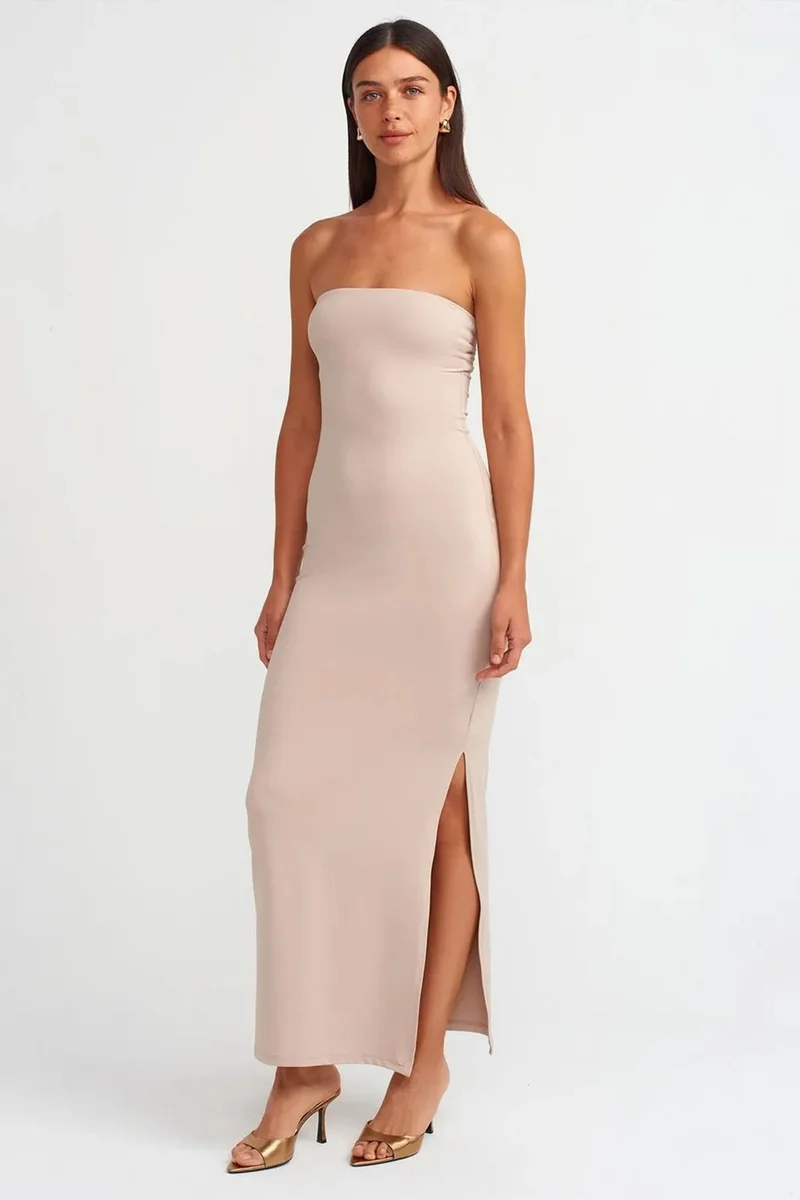 DILVIN Strapless Bodycon Maxi Dress With Slit