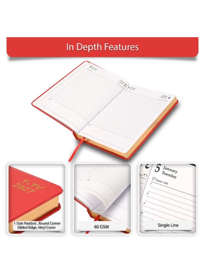 FIS 2027 Golden A5 Diary, 148x210mm, 1 Side Padded Vinyl Cover, Round Corners, Gilded Edges, 1 Day a Page Format, Arabic/English, 60gsm White Paper, Red Cover-FSDI23AEG27RE - Image 5