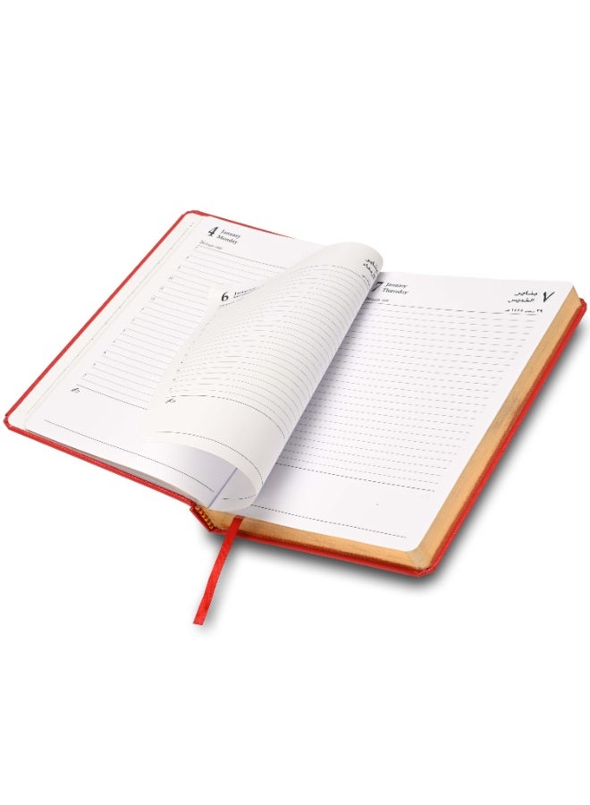 FIS 2027 Golden A5 Diary, 148x210mm, 1 Side Padded Vinyl Cover, Round Corners, Gilded Edges, 1 Day a Page Format, Arabic/English, 60gsm White Paper, Red Cover-FSDI23AEG27RE - Image 4