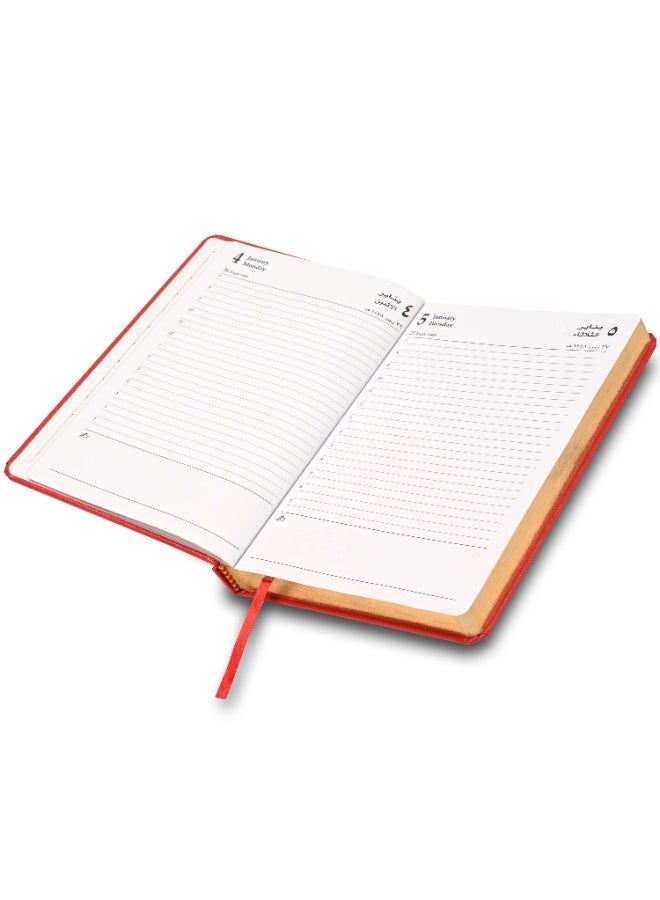 FIS 2027 Golden A5 Diary, 148x210mm, 1 Side Padded Vinyl Cover, Round Corners, Gilded Edges, 1 Day a Page Format, Arabic/English, 60gsm White Paper, Red Cover-FSDI23AEG27RE - Image 2