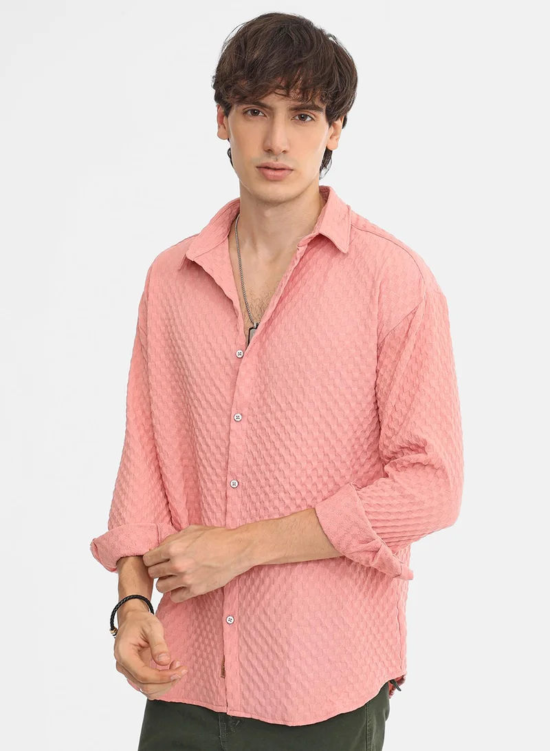 كامبوس سوترا Men's Blush Pink Cubic-Textured Oversized Shirt