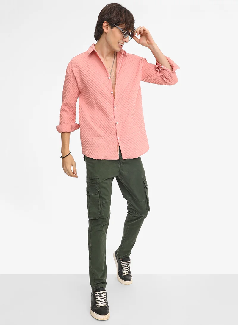 كامبوس سوترا Men's Blush Pink Cubic-Textured Oversized Shirt